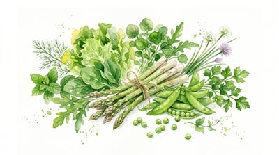 Watercolor illustration of fresh spring vegetables including asparagus, peas, herbs, and leafy greens arranged on a white background as a calendar header.