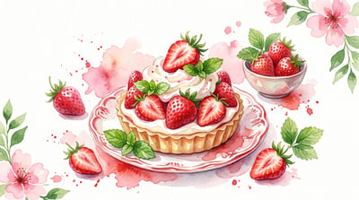 Watercolor illustration of a strawberry tart with fresh strawberries, whipped cream, mint leaves, pink flowers, and soft red tones on a white background.