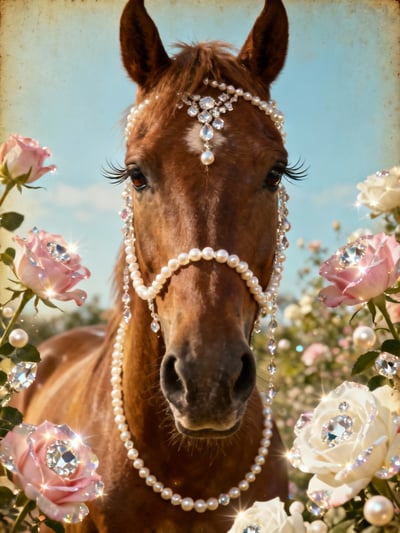 Close-up horse portrait with pearl jewelry, floral decorations, roses, and soft blue background.