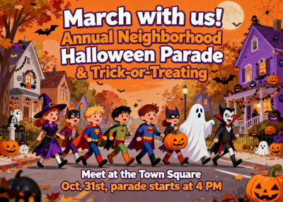 Halloween parade invitation poster with costumed children, pumpkins, autumn neighborhood houses, and trick-or-treat event details.