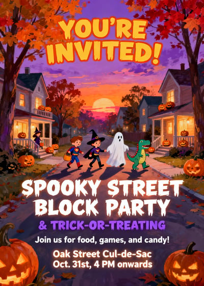 Halloween block party invitation with spooky street scene, pumpkins, ghosts, autumn trees, and bold event text.