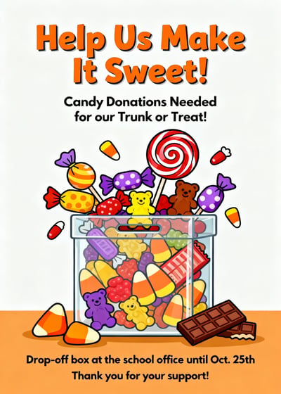 Trunk-or-treat candy donation flyer with jar of colorful sweets, candy illustrations, and school drop-off instructions.