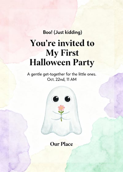 First Halloween party invitation card with cute ghost illustration, pastel watercolor background, and simple event details.