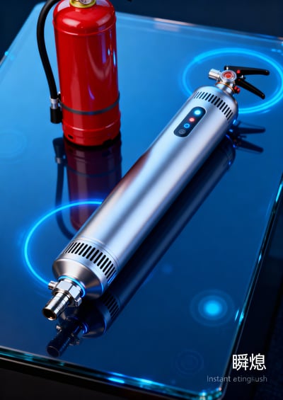 High-tech fire extinguisher product visual with metallic cylinder device, red extinguisher, blue glow accents, and reflective surface.
