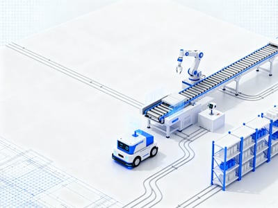 White and blue industrial exhibition background with conveyor lines, trucks, robotic equipment, and isometric floor markings.