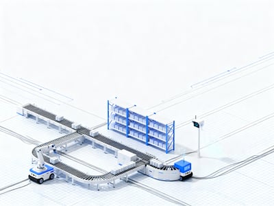 Light blue industrial display background with truck paths, platform structures, equipment racks, and clean isometric layout.
