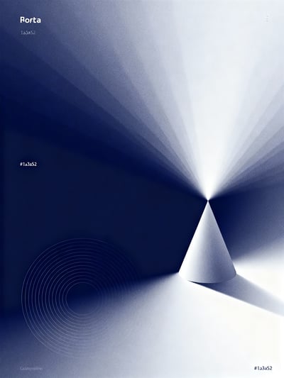 Minimal abstract poster with triangular light tunnel geometry, deep blue gradients, sharp shadows, and futuristic atmosphere.