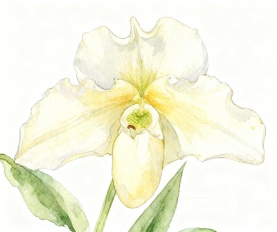 White orchid watercolor illustration with pale yellow center, soft green leaves, and light paper texture.