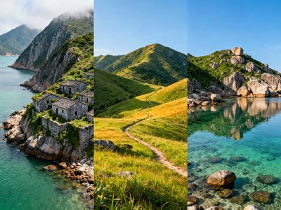 Panoramic travel landscape collage with vertical panels of coastal cliffs, mountain paths, rocky islands, and turquoise water.