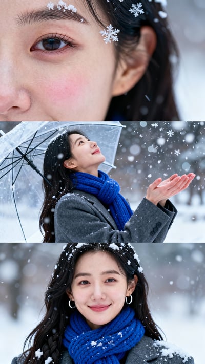 Three-panel winter portrait collage with close-up eye, woman in blue scarf catching snow, and smiling snowy outdoor portrait.