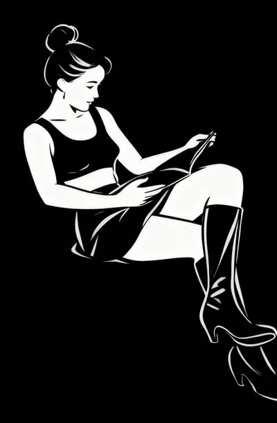 Black and white minimalist fashion line art of a seated woman wearing boots against a black background.