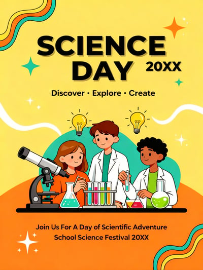 Colorful Science Day school poster with students doing lab experiments, microscope, beakers, yellow background, and event text.