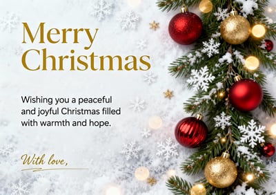 Christmas greeting card with evergreen branches, red and gold ornaments, snowy background, and gold Merry Christmas text.