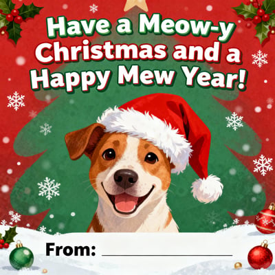 Pet-themed Christmas greeting card with a smiling dog in a Santa hat, ornaments, snowflakes, and holiday headline text.