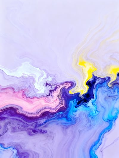 Pastel purple and blue fluid art background with pink and yellow accents, marble swirls, and flowing paint texture.