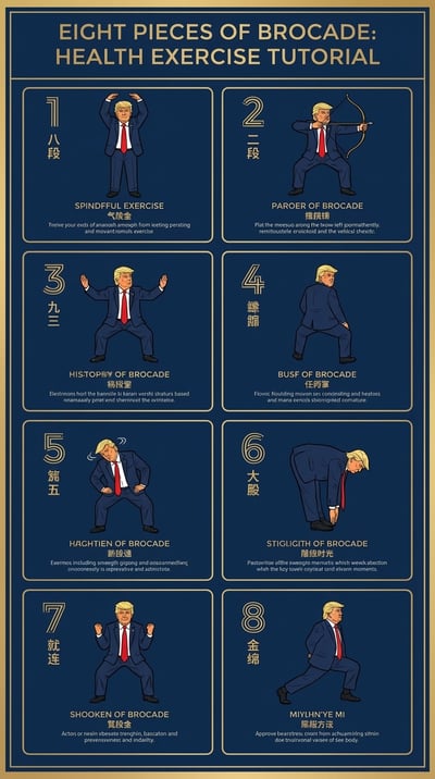 Eight-Piece Brocade exercise tutorial poster with eight numbered movement panels, pose illustrations, and dark blue layout.
