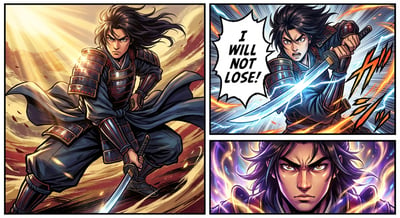 Manga action panel page with sword-fighting characters, dramatic close-ups, speed lines, glowing effects, and speech bubble text.