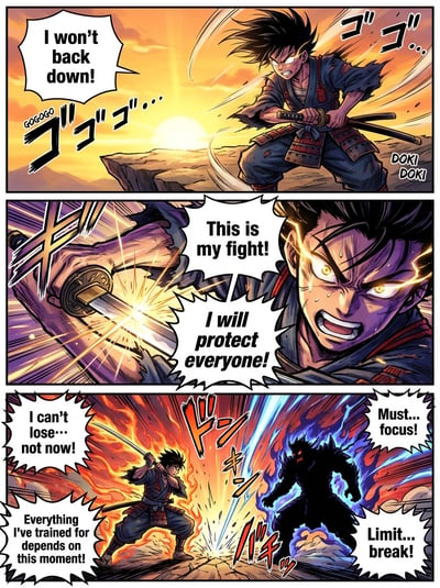 Full-color manga fight page with multiple action panels, speed lines, glowing effects, dialogue bubbles, and intense character expressions.