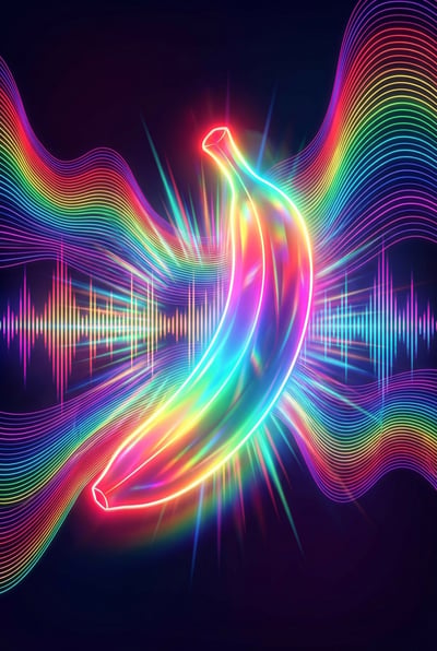 Abstract banana artwork formed from rainbow light trails, prismatic waves, neon glow, and dark background.