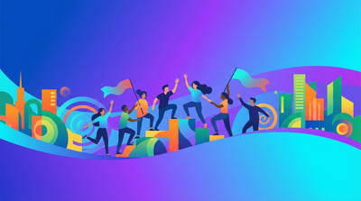 Colorful team building event background with cheering illustrated people, abstract waves, city shapes, and bright gradients.