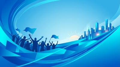 Blue team building event background with cheering silhouettes, flowing wave shapes, birds, and a modern city skyline.