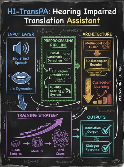 Blackboard diagram for a hearing impaired translation assistant with speech input, lip dynamics, preprocessing, fusion, and translation output blocks.