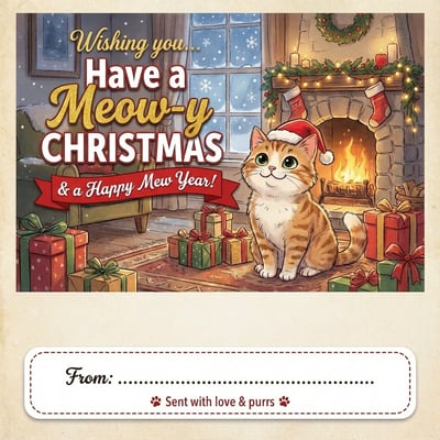 Cute Christmas greeting card with a cat beside a fireplace, wrapped presents, holiday decorations, and Meowy Christmas headline.