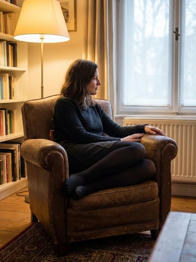 Woman seated in a vintage armchair beside a window and bookshelf, lit by a warm floor lamp in a cozy interior.