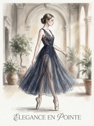 Elegant ballet fashion illustration of a dancer in a black tulle dress standing in a soft architectural interior.