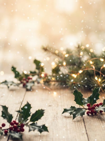 Soft Christmas background with golden bokeh lights, holly leaves, red berries, and a pale wooden surface.
