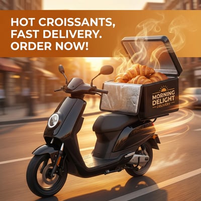 Promotional food delivery banner with a scooter carrying steaming croissants and bold text reading Hot Croissants, Fast Delivery, Order Now.