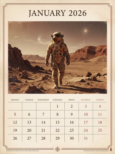 Vintage January 2026 calendar with an astronaut walking across a rocky Mars landscape above a clean monthly date grid.