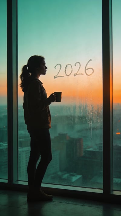 Silhouetted woman standing by a city window at sunset with subtle 2026 text in the sky.