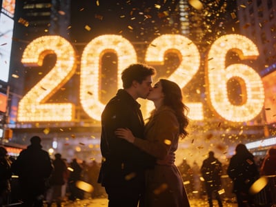 Romantic couple embracing in front of glowing 2026 lights with confetti and festive night crowd.