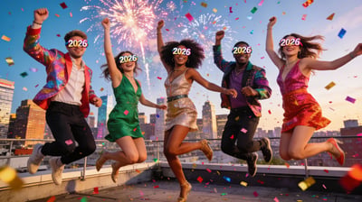 Diverse friends jumping and celebrating under confetti and fireworks with city lights for New Year 2026.