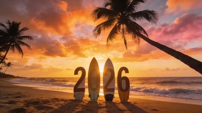 Beach sunset scene with palm silhouettes, ocean waves, and large 2026 numerals on the sand.