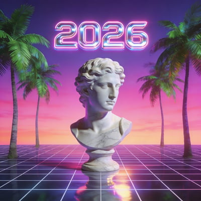 Vaporwave digital art with classical bust, neon 2025 text, palm trees, purple sky, and retro grid floor.