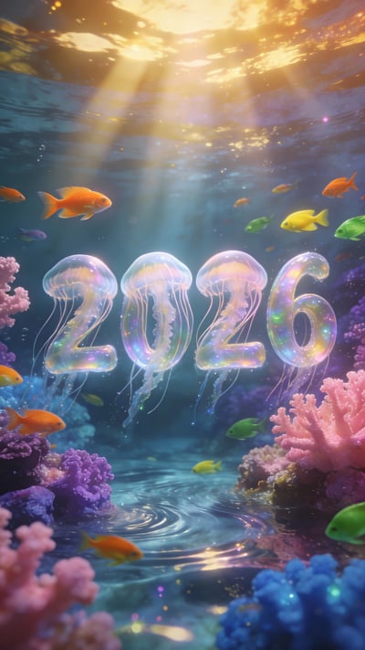 Underwater fantasy New Year 2026 scene with glowing numerals, coral reef, fish, and sun rays.