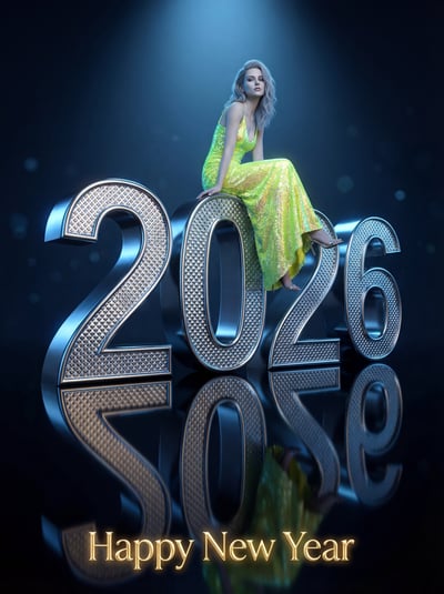 Elegant 2026 New Year poster with woman posed on reflective numerals under dramatic spotlight.