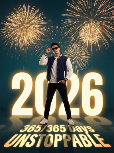 New Year 2026 motivational poster with stylish man, fireworks, glowing numerals, and unstoppable slogan.