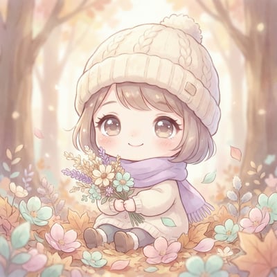 Cute chibi character in winter hat holding flowers in a soft pastel floral forest scene.