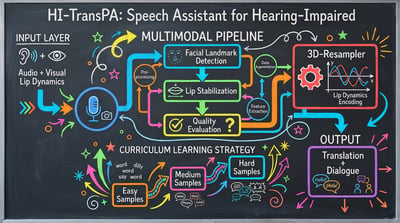 Blackboard AI diagram for hearing-impaired speech assistant showing multimodal pipeline, fusion, training notes, and output.