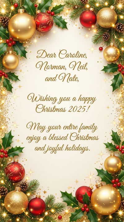 Vertical Christmas greeting card with red and gold ornaments, pine greenery, lights, and centered holiday message.