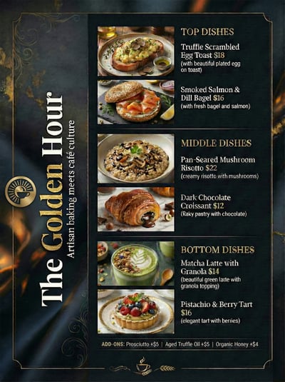 Dark Golden Hour restaurant menu board with plated food photos, item names, descriptions, and prices.