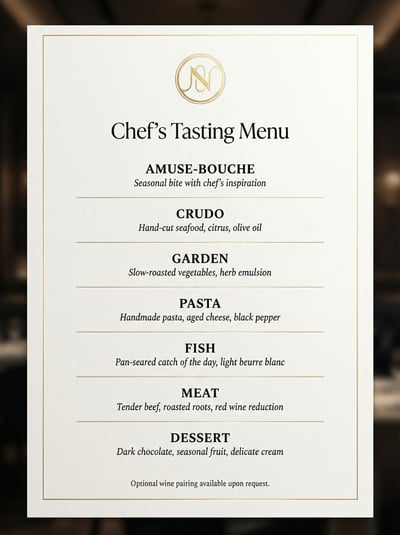 Elegant chef tasting menu card with course list, wine pairing note, and clean framed fine dining layout.