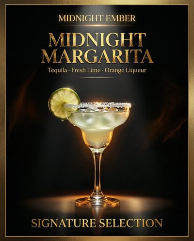 Dark luxury Midnight Margarita cocktail poster with glowing drink glass, lime garnish, and gold typography.