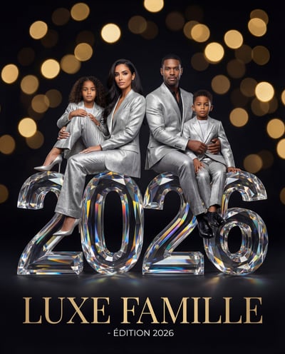 Luxury fashion editorial poster showing a stylish family posed on a chrome motorcycle with gold studio lights.
