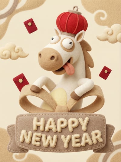 Happy New Year greeting card with cute cartoon horse, red festive hat, dice, and cream paper-cut background.