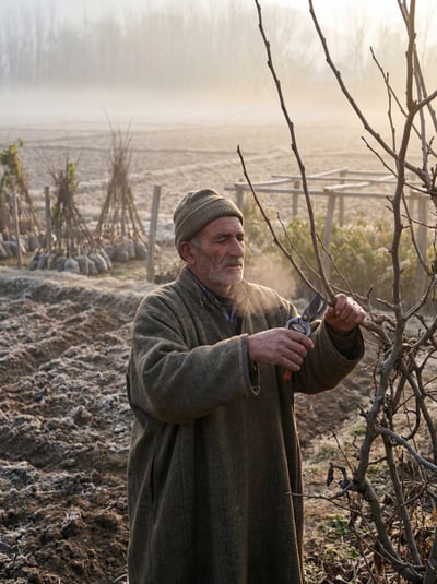 Older farmer pruning vineyard branches in a misty winter field with rural agricultural atmosphere.
