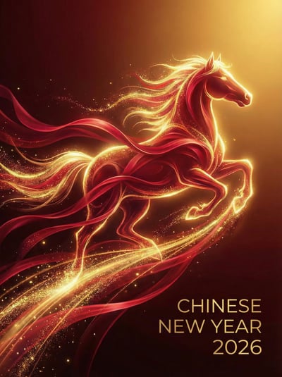 Chinese New Year 2026 poster with glowing fire horse and red-gold light trails on dark background.